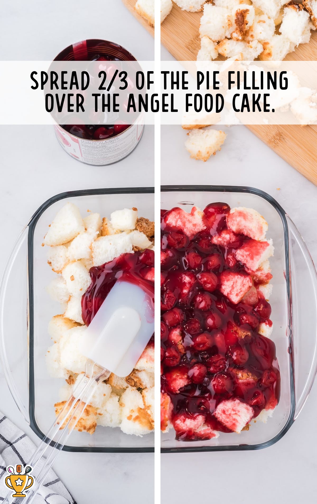 A baking dish holds the layers of angel food cake and pie filling.