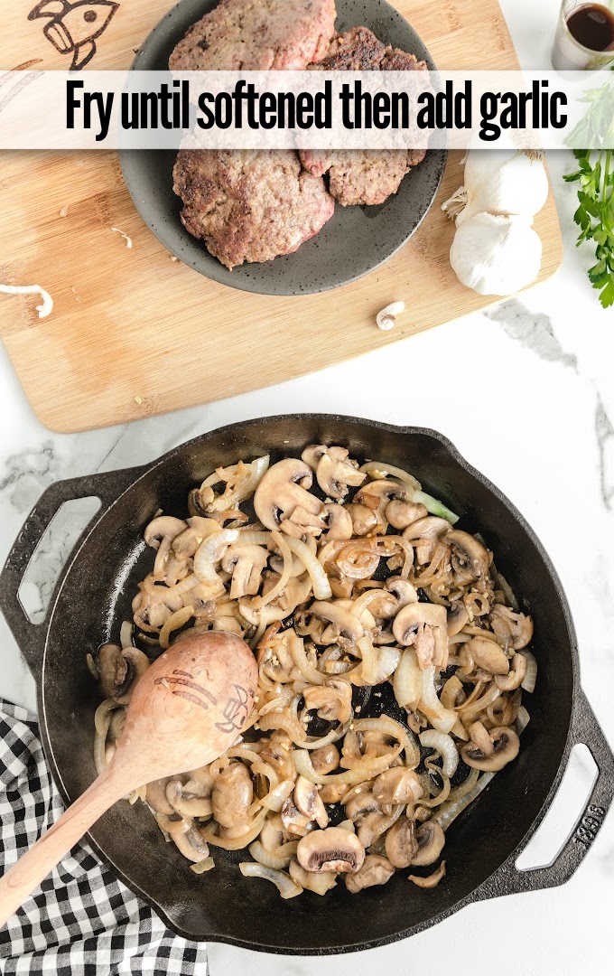 fry mushrooms and onions in skillet