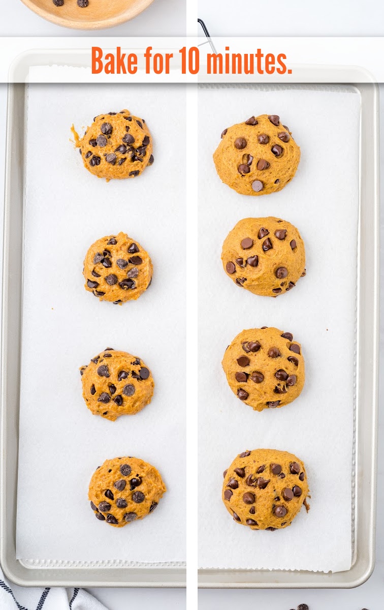 Pumpkin Chocolate Chip Cookies on tray on parchment paper