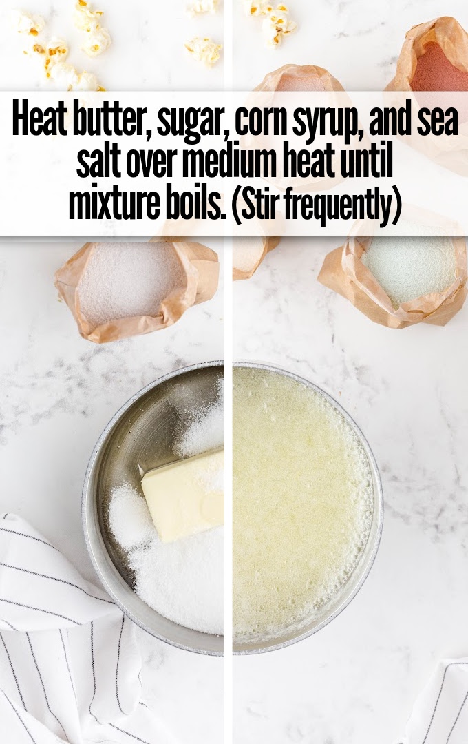 heat butter, sugar, corn syrup and sea salt in pot
