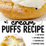Homemade cream puffs filled with vanilla whipped cream and dusted with powdered sugar.
