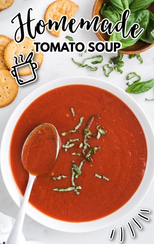 A bowl of food on a plate, with Soup and Tomato