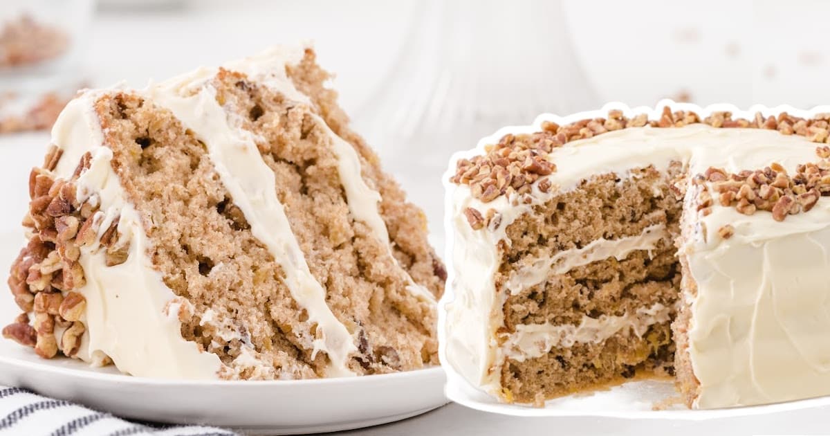 a piece of Hummingbird Cake on a plate and a Hummingbird Cake with a piece missing