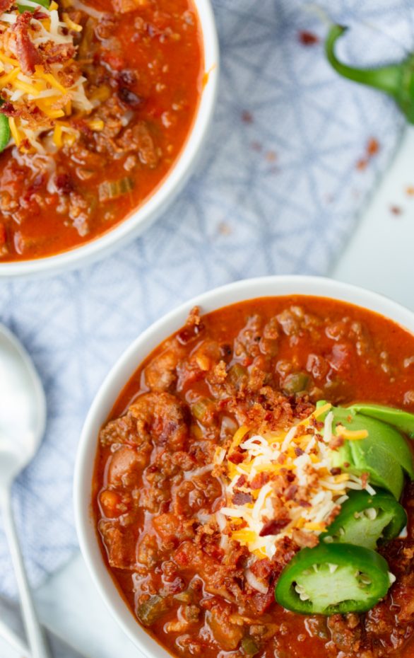 A bowl of food on a plate, with Keto chili and Beef