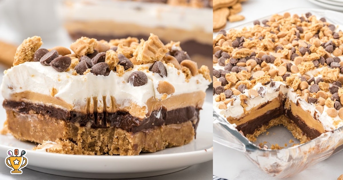 Side-by-side image showing a close-up of a creamy peanut butter dream bar slice on a white plate and a full pan of dessert with a missing corner. The no-bake dessert features rich layers of chocolate pudding, fluffy peanut butter filling, whipped topping, and a peanut butter cookie crust, topped with crushed cookies, chocolate chips, and peanut butter chips.