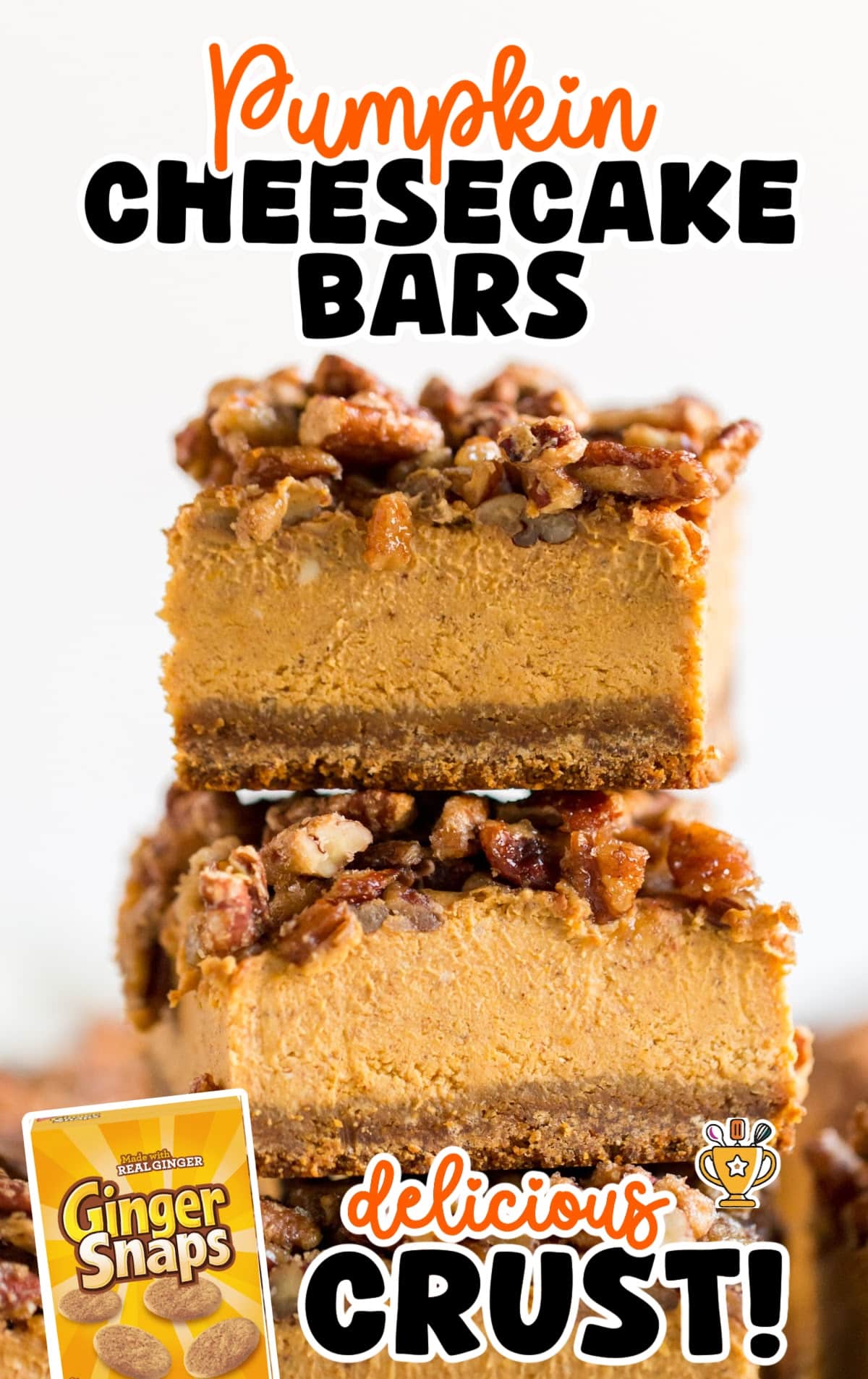 Single pumpkin cheesecake bar on top of another, showing creamy spiced filling, crisp crust, and glossy pecan topping for an autumn dessert.