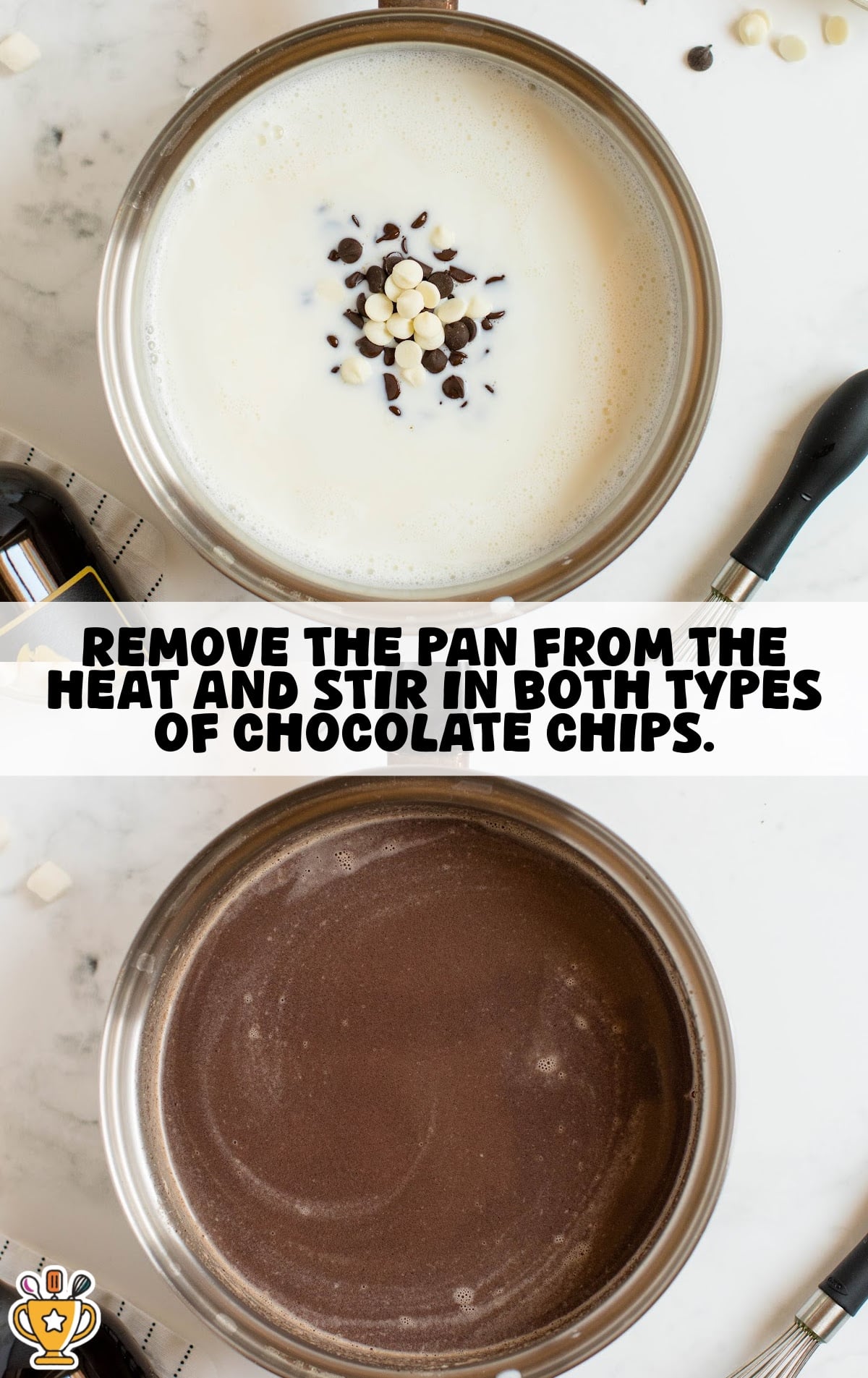 piked hot chocolate preparation showing melted white and dark chocolate chips whisked into warm milk mixture for a thick, rich, and decadent holiday drink.