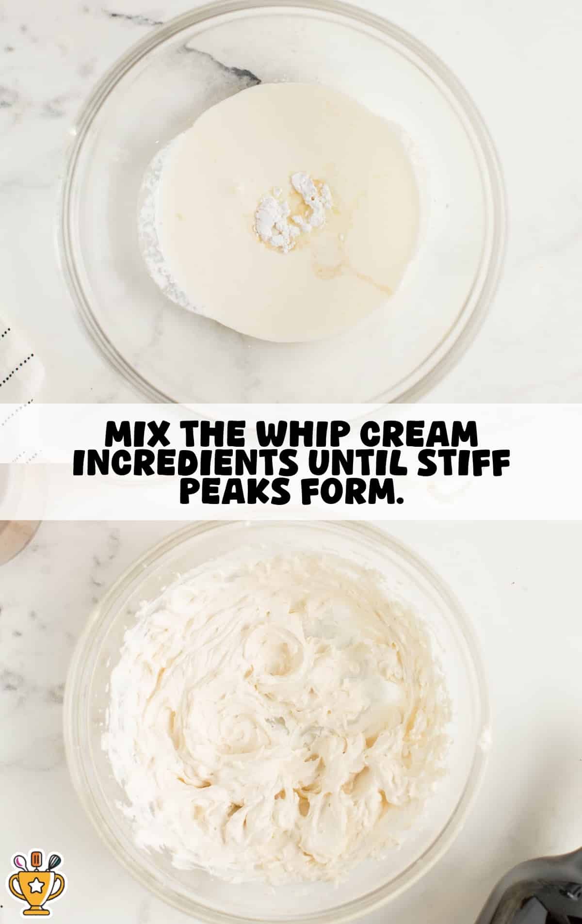 Making maple whipped cream for spiked hot chocolate, showing creamy whipped peaks made with heavy cream, powdered sugar, maple syrup, and walnut liqueur.