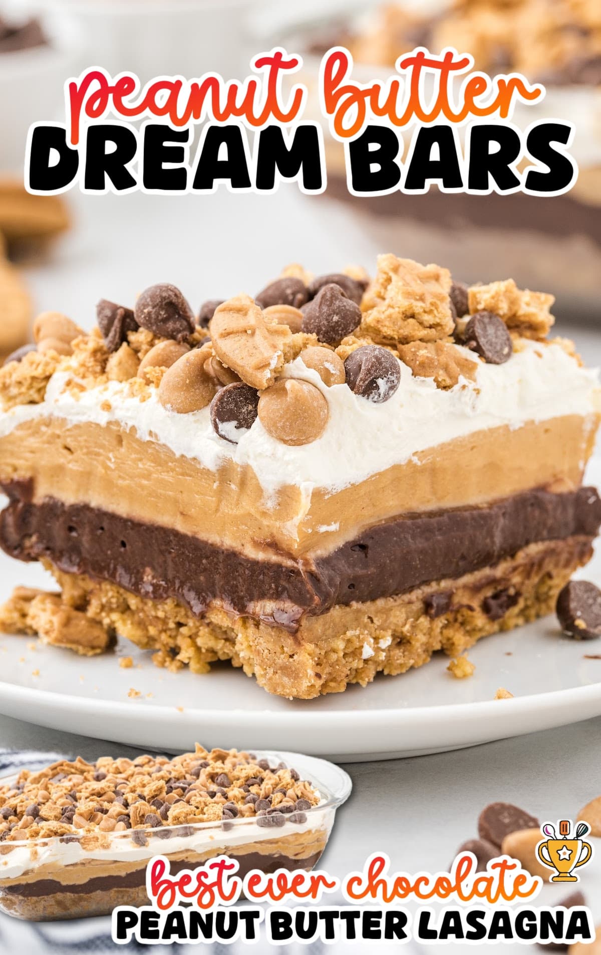 Single slice of peanut butter dream bar dessert with visible layers of chocolate pudding, peanut butter cream, and whipped topping. Garnished with chocolate chips and cookie crumbles for the ultimate creamy, rich no-bake treat.