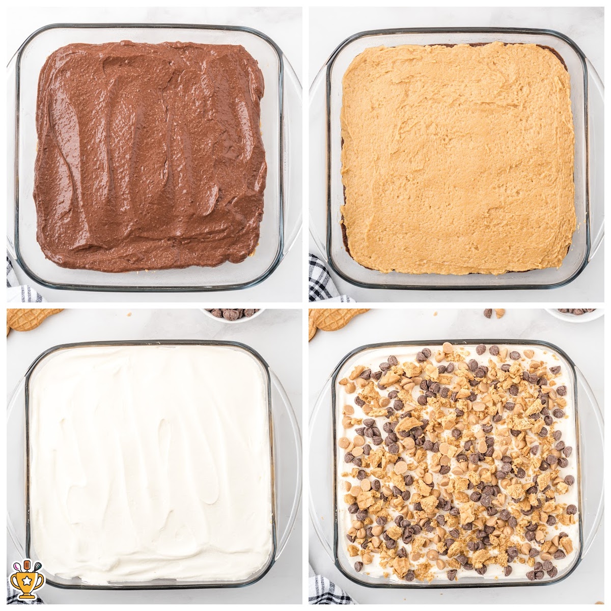 Step-by-step image collage showing the layering process for peanut butter dream bars&mdash;starting with chocolate pudding layer, followed by peanut butter cream, whipped topping, and cookie crumb-chocolate chip garnish.