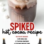 Spiked hot cocoa recipe with whipped cream and chocolate drizzle in a mason jar, featuring walnut liqueur ingredients for a creamy, boozy winter drink perfect for holidays.