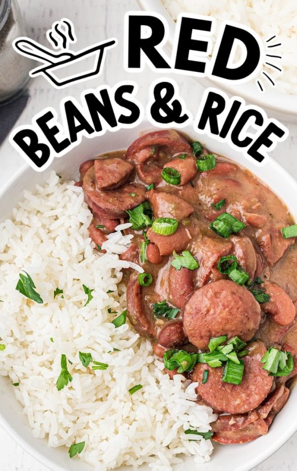 A plate of food with rice and vegetables, with Sausage and Red beans and rice