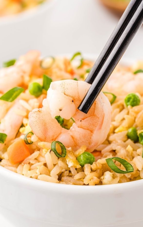 A close up of a plate of food, with Rice and Shrimp