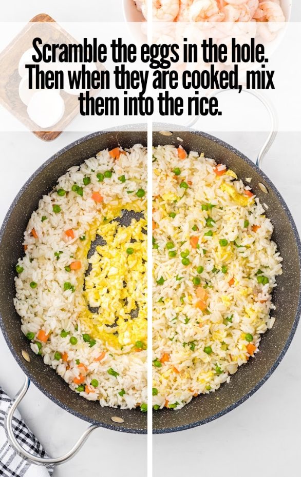 A bowl of food on a plate, with Fried rice