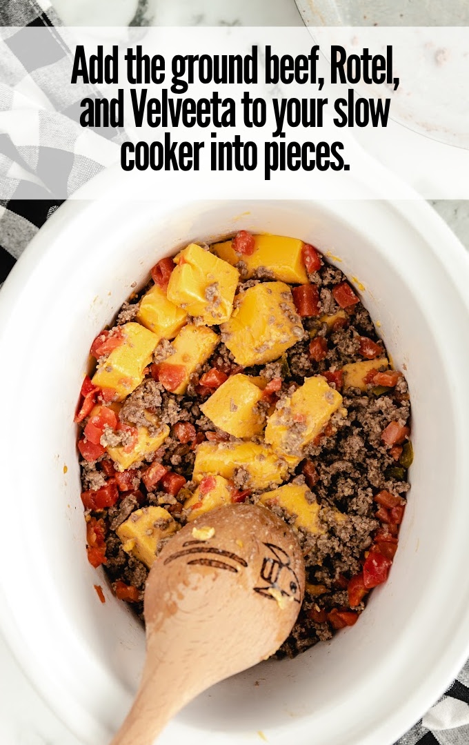 A bowl of food on a plate, with Slow Cooker and Beef