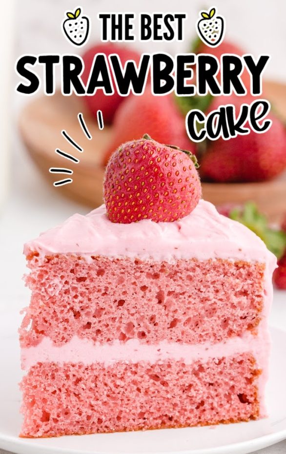 A piece of cake on a plate, with Strawberry cake