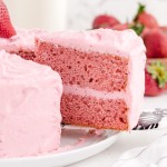 A piece of cake on a plate, with Strawberry
