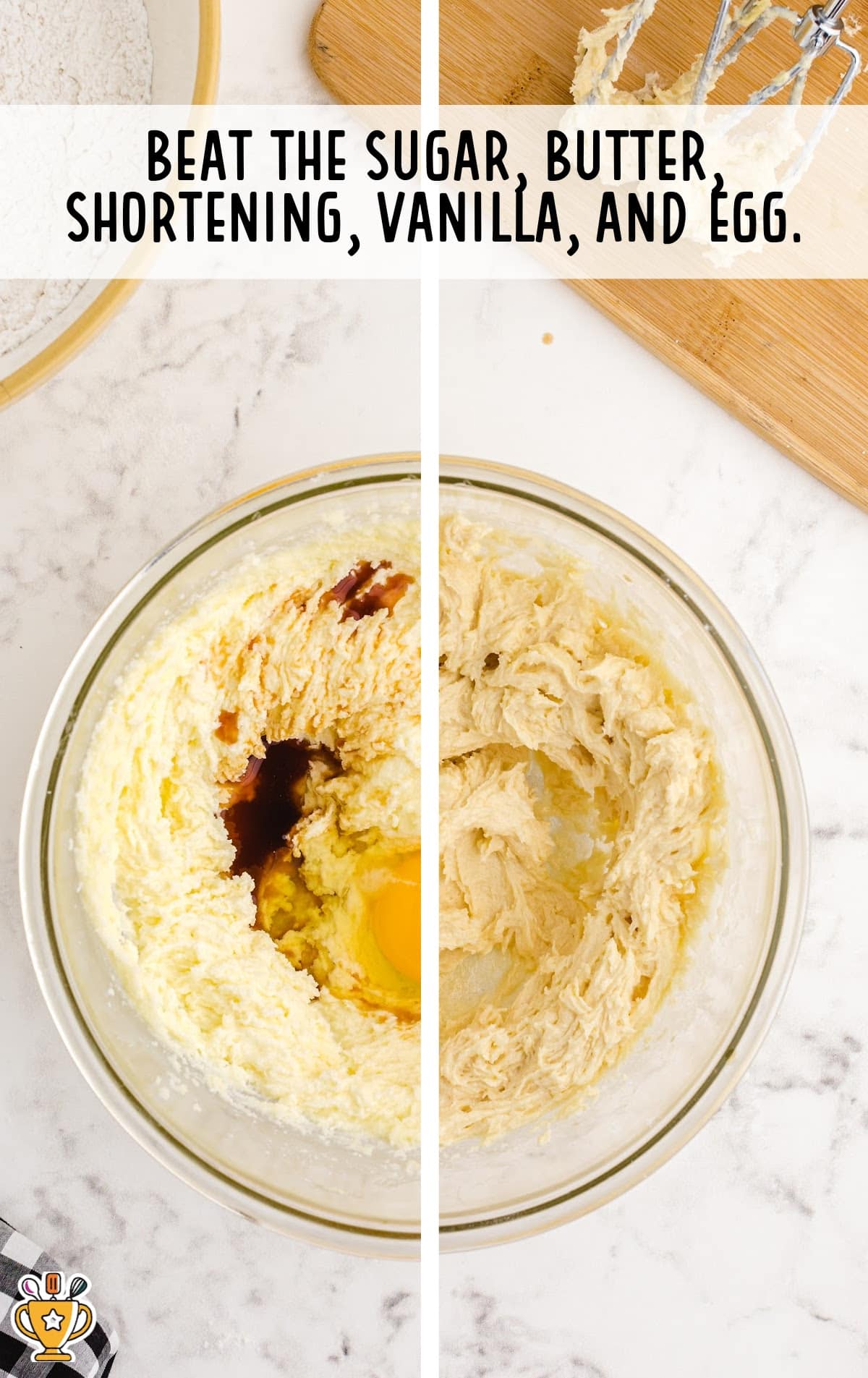 Beating together sugar, butter, vanilla, shortening and eggs in a bowl