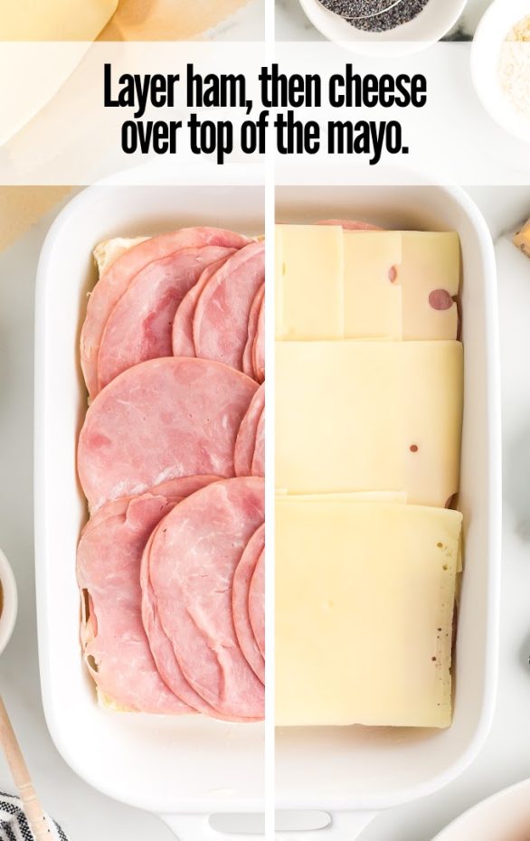 A tray of food on a plate, with Ham and Cheese