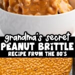 Homemade peanut brittle pieces stacked in a white bowl with a full baking sheet of freshly poured brittle, highlighting the nostalgic 1980s candy recipe.
