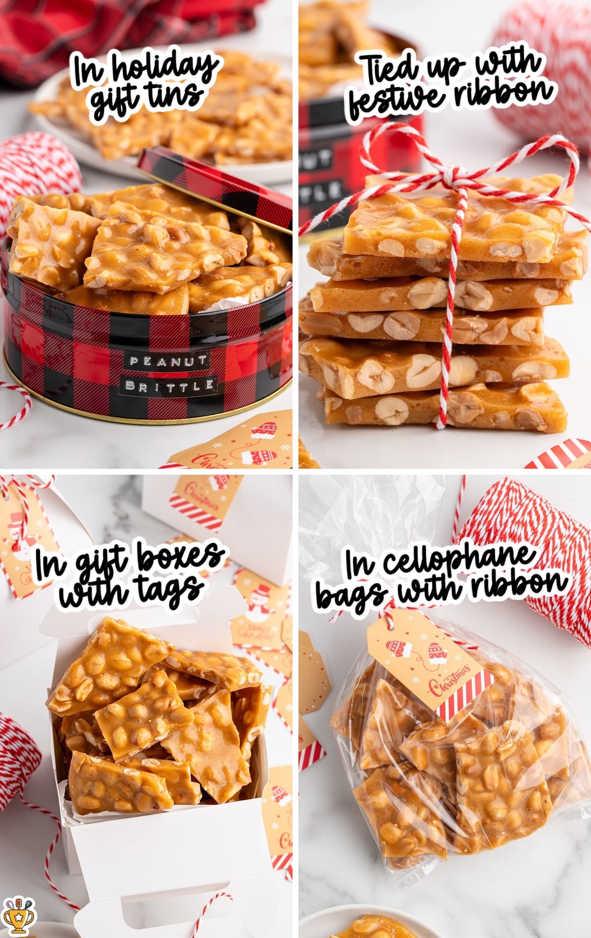 Homemade peanut brittle packaged in four festive ways: in a red buffalo-plaid gift tin, stacked and tied with red-and-white ribbon, packed inside white gift boxes with Christmas tags, and sealed in clear cellophane bags with holiday ribbon.