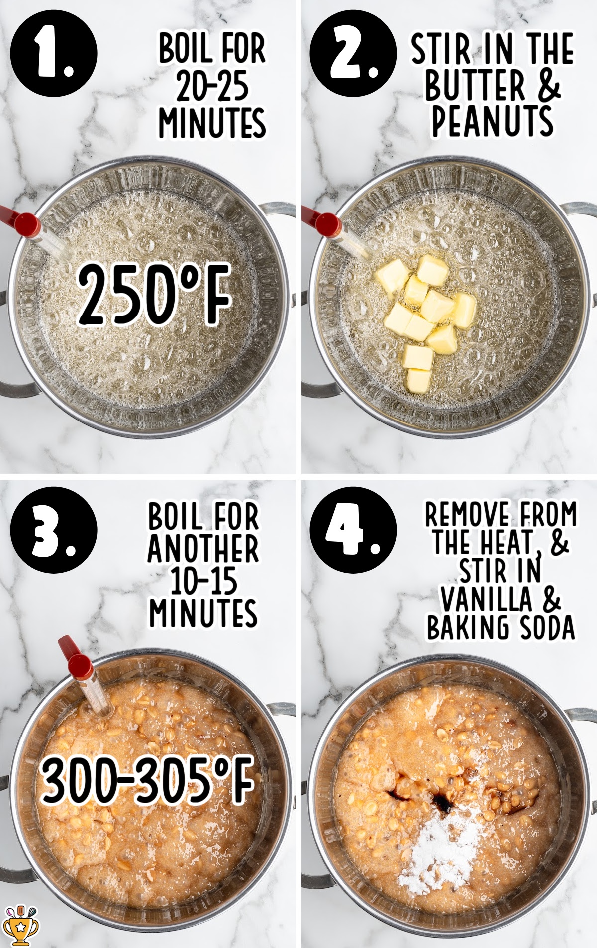 Four-step peanut brittle cooking guide: boiling sugar mixture to 250&deg;F, adding butter and peanuts, cooking to 300&ndash;305&deg;F hard-crack stage, and stirring in vanilla and baking soda to create the classic foamy brittle texture.