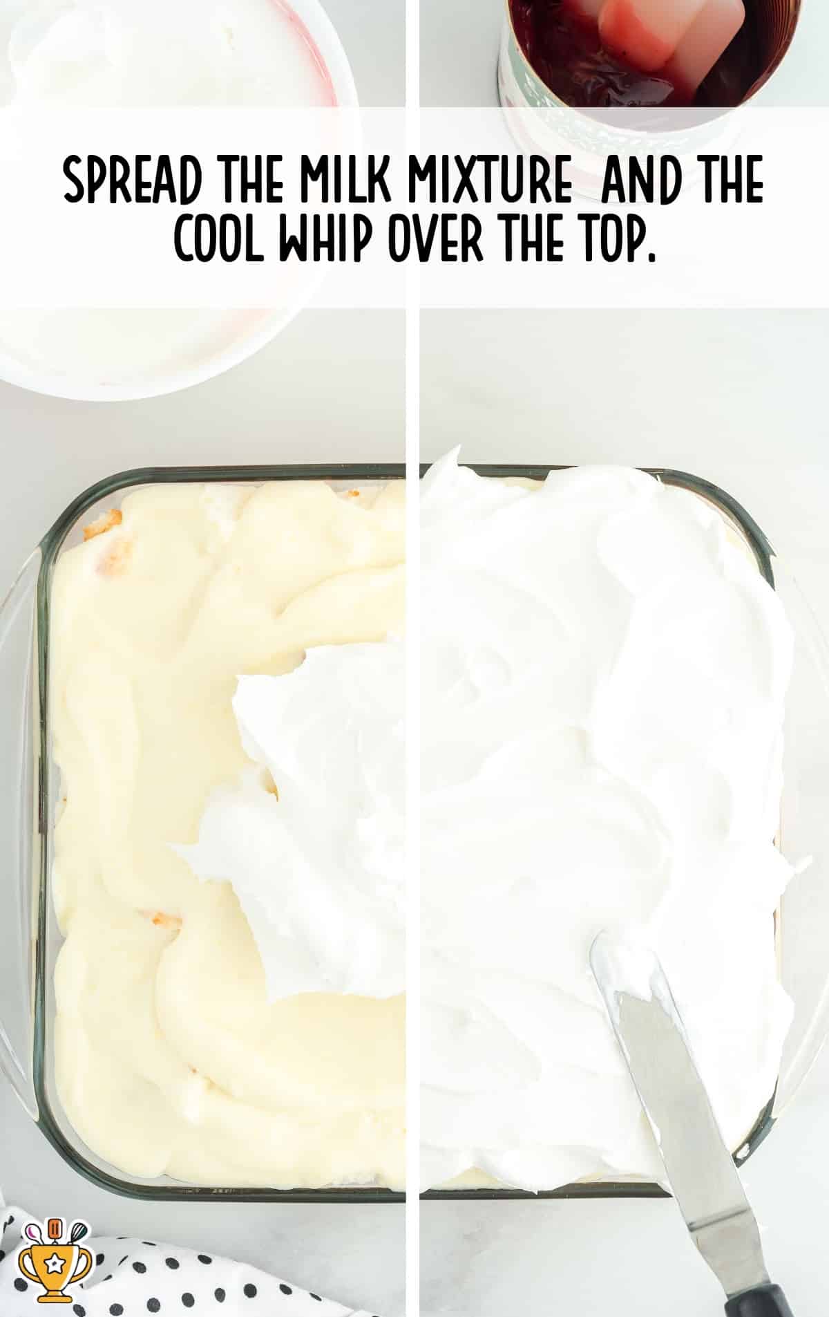 The pudding mixture and Cool whip are spread over the top.