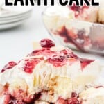 A slice of Strawberry Heaven on Earth Cake is on a white plate.
