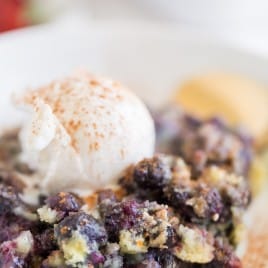 A close up of a piece of cake on a plate, with Blueberry and Cobbler