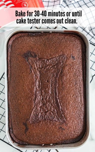 chocolate cake in a 9x13 dish after being baked in the oven