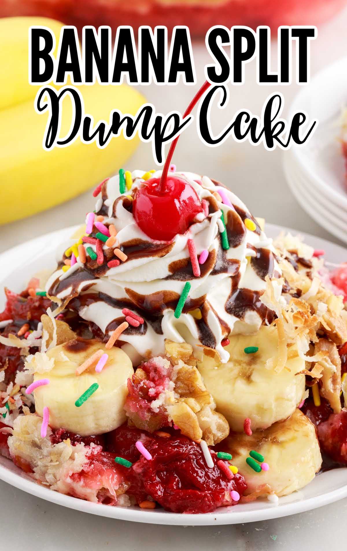A close up of a plate of food with a birthday cake, with Banana Split Dump Cake and Strawberry