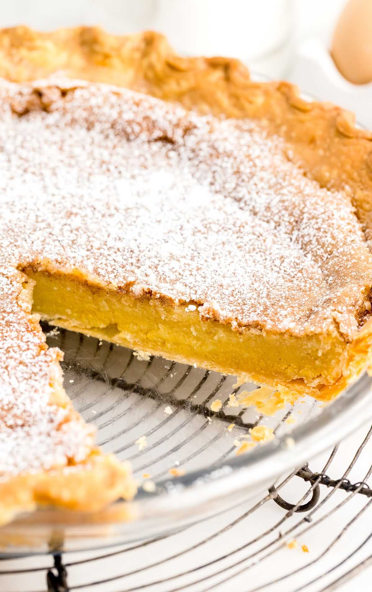 A piece of cake on a plate, with Chess pie and Custard