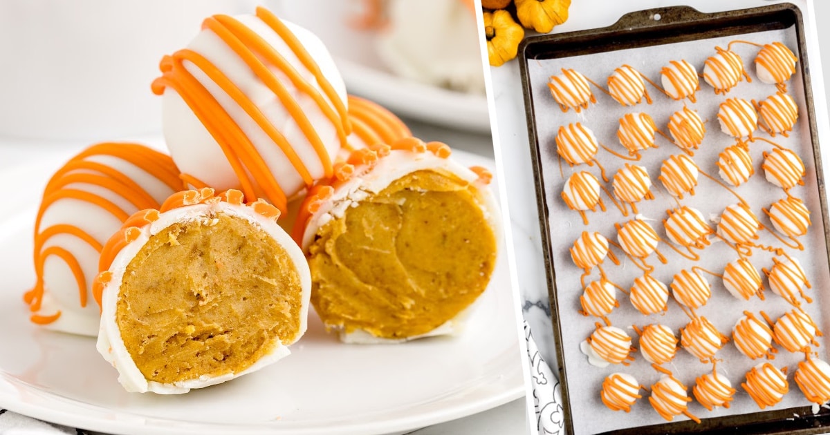 A small plate with No Bake Pumpkin Cheesecake Balls on it and a baking sheet full of them, too.