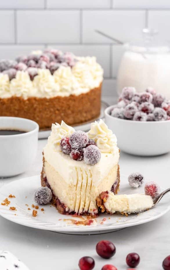 A close up of a slice of cake on a plate, with Cheesecake and Cream