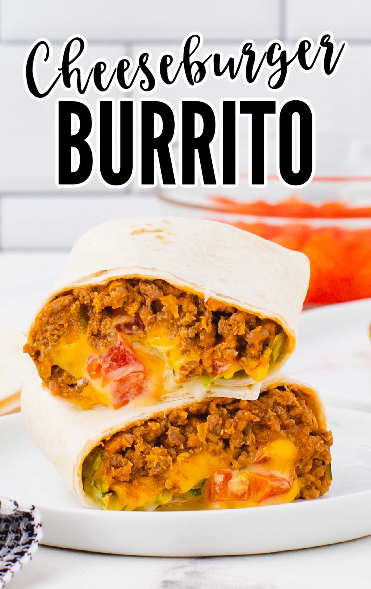 A plate of food, with Cheeseburger burrito