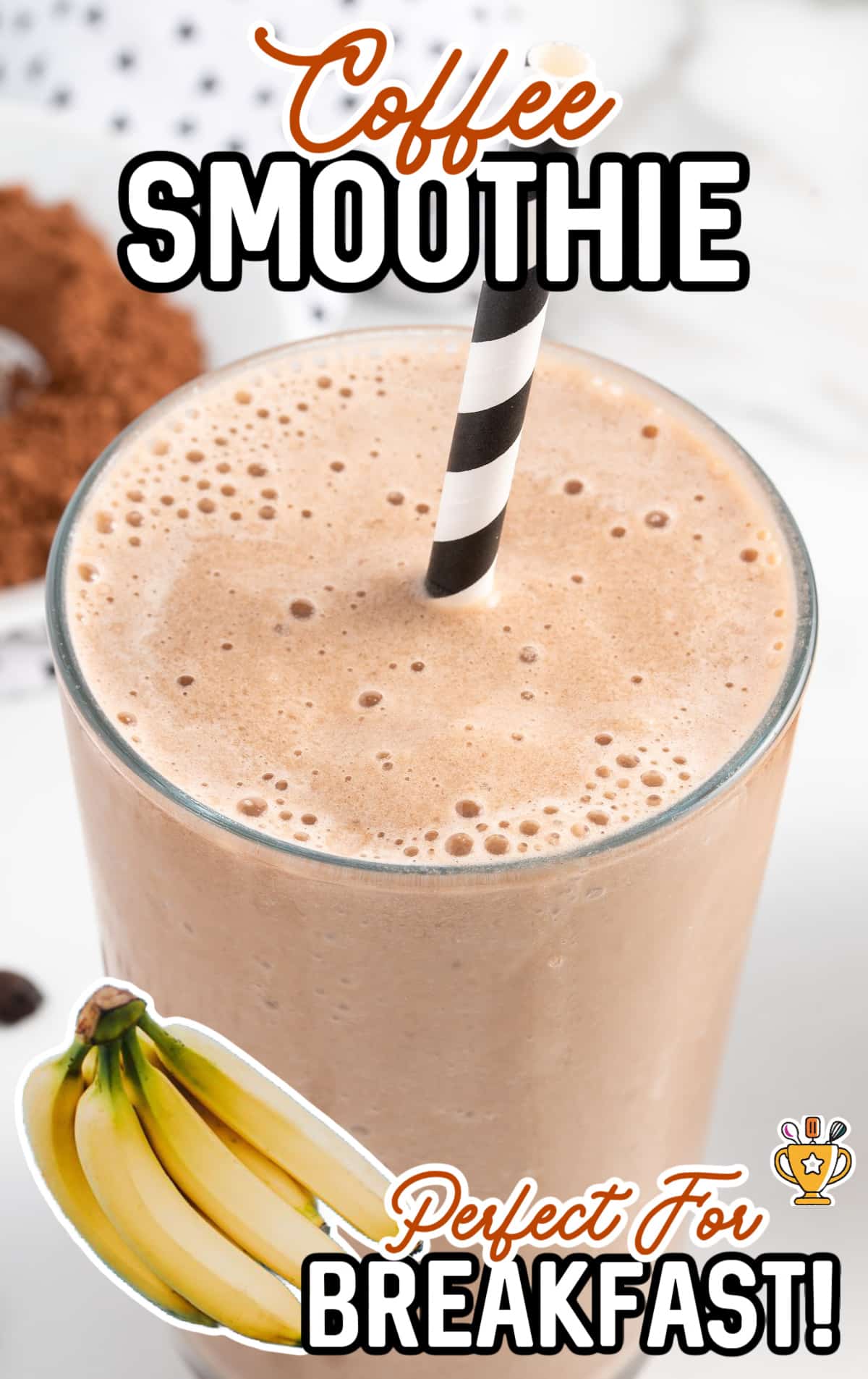 An overhead shot of a coffee smoothie with bananas.