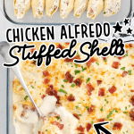 Chicken Alfredo Stuffed Shells being stuffed with filling and then the finished casserole