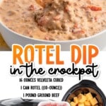 Two-step image showing ingredients added to the slow cooker on one side and the finished creamy Rotel dip on the other, emphasizing the easy dump-and-cook method.