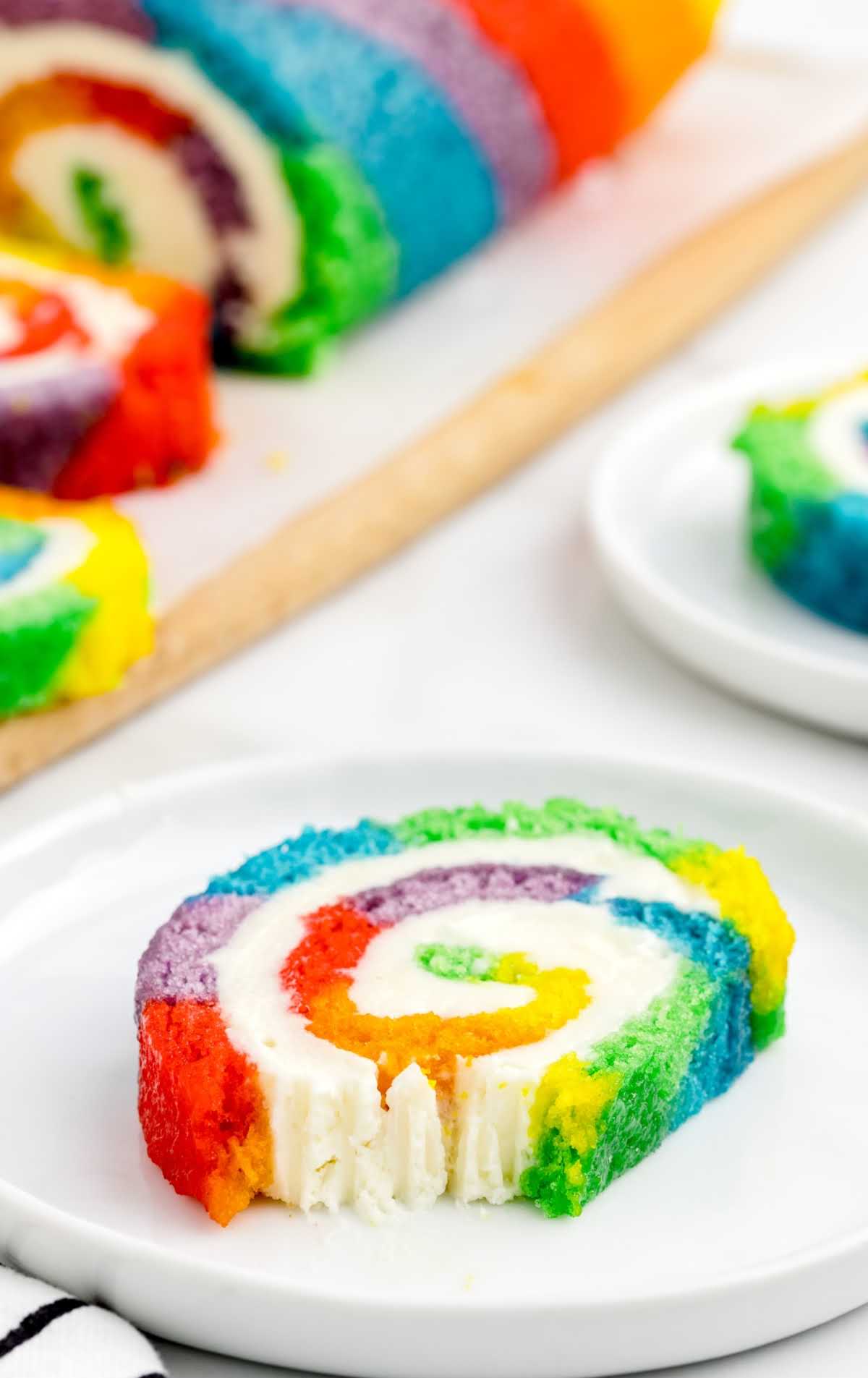 A close up of a plate of birthday cake, with Rainbow roll cake and Flour