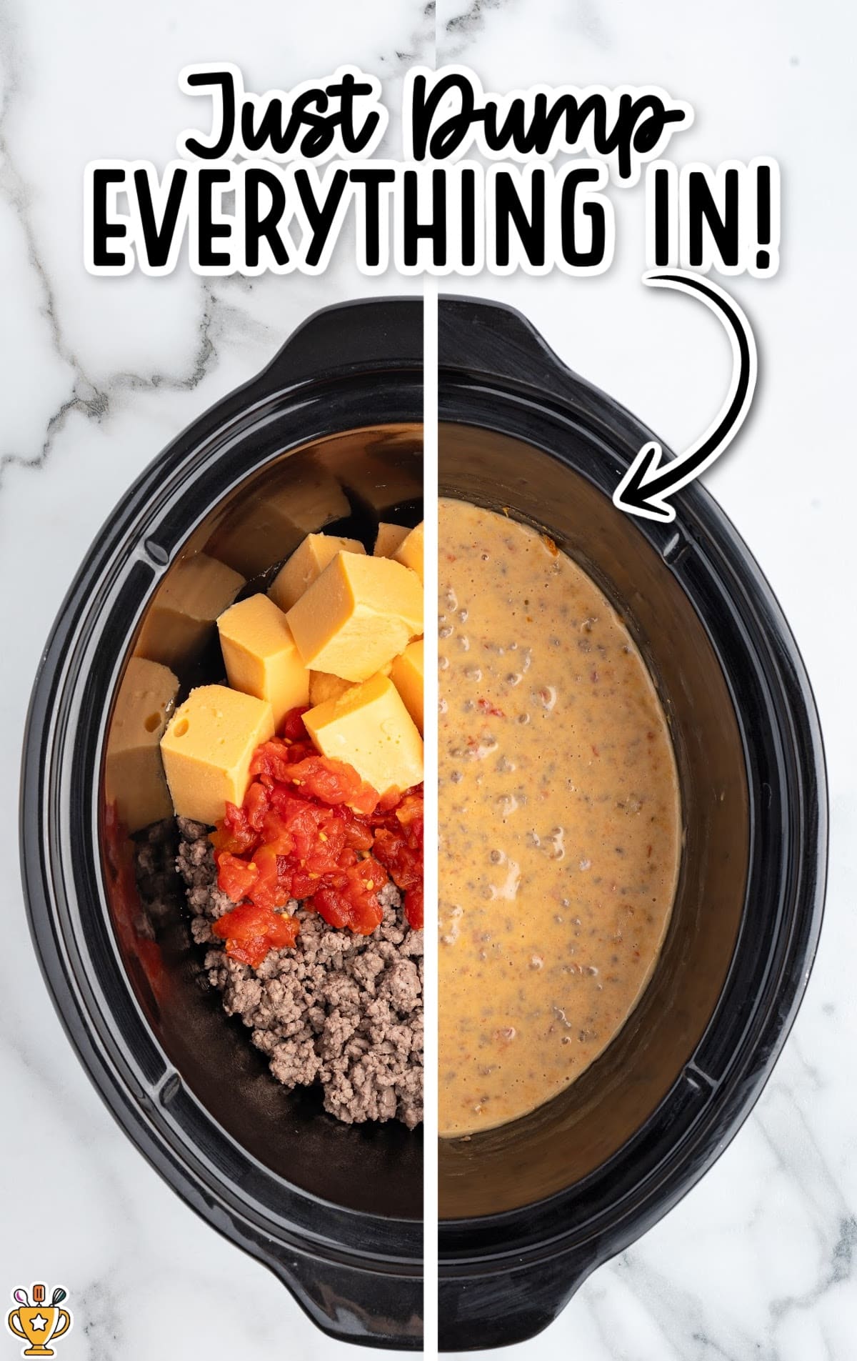 Side-by-side slow cooker images showing raw ingredients—Velveeta cubes, Rotel tomatoes, and ground beef—next to the fully melted, creamy Rotel dip after cooking.