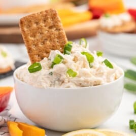 A white bowl of cold crab dip topped with sliced green onions and with a cracker.