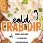 Creamy cold crab dip garnished with green onions in a white serving bowl with crackers and celery. The image includes ingredient amounts for cream cheese, sour cream, lump crab meat, cayenne pepper, green onions, lemon juice, and Old Bay Garlic & Herb Seasoning.