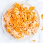 An overhead image of a plate full of doritos casserole.