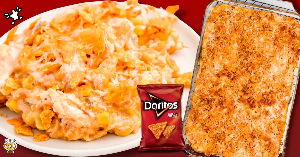 Cheesy chicken Doritos casserole shown two ways, with a creamy serving on a plate and the full baked casserole in a glass dish, alongside a bag of nacho cheese Doritos.