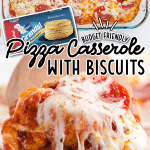 Pizza casserole with serving of cheesy biscuits with pepperoni