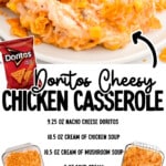 Plated serving of Doritos cheesy chicken casserole with softened chips, melted cheese, and creamy sauce, styled with ingredient callouts and a bag of nacho cheese Doritos.