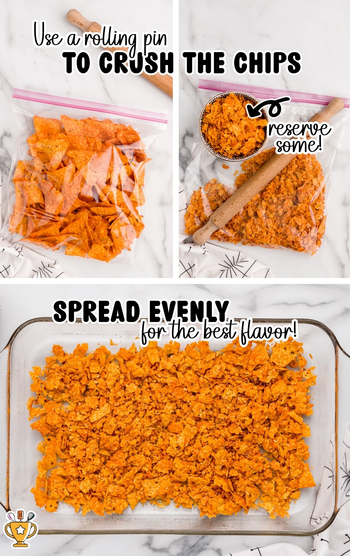 Doritos crushed inside a zip-top bag with a rolling pin, then spread evenly in the bottom of a glass baking dish to form the base layer.