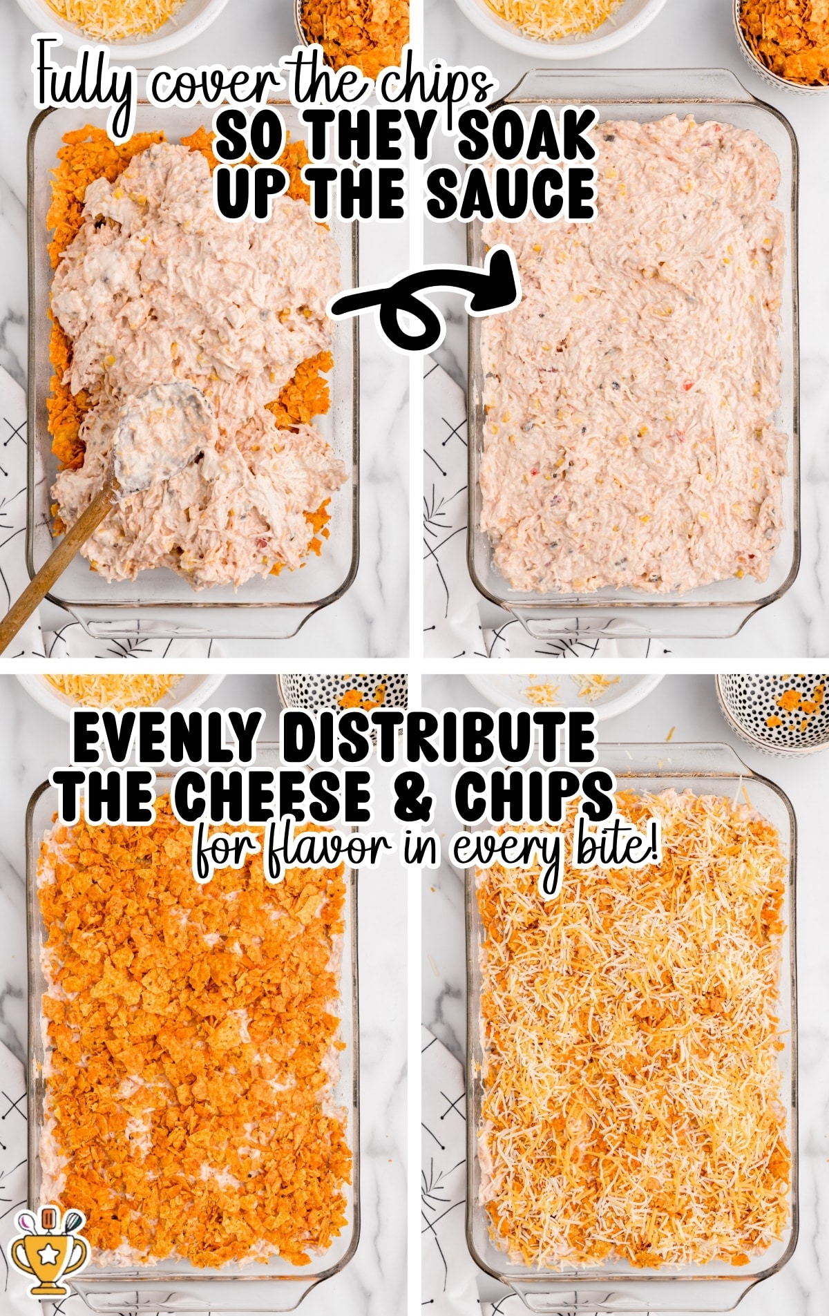 Creamy chicken mixture spread over crushed Doritos in a glass baking dish, followed by an even layer of crushed chips and shredded cheese before baking.