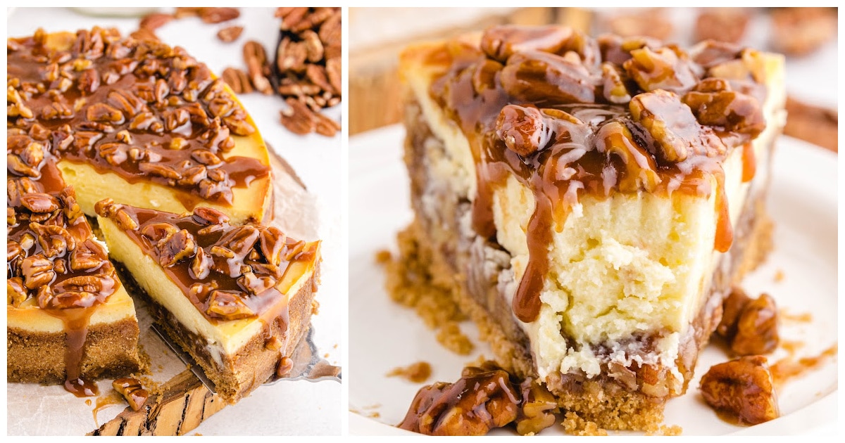 Pecan pie cheesecake sliced and one piece has a bite out of it. 