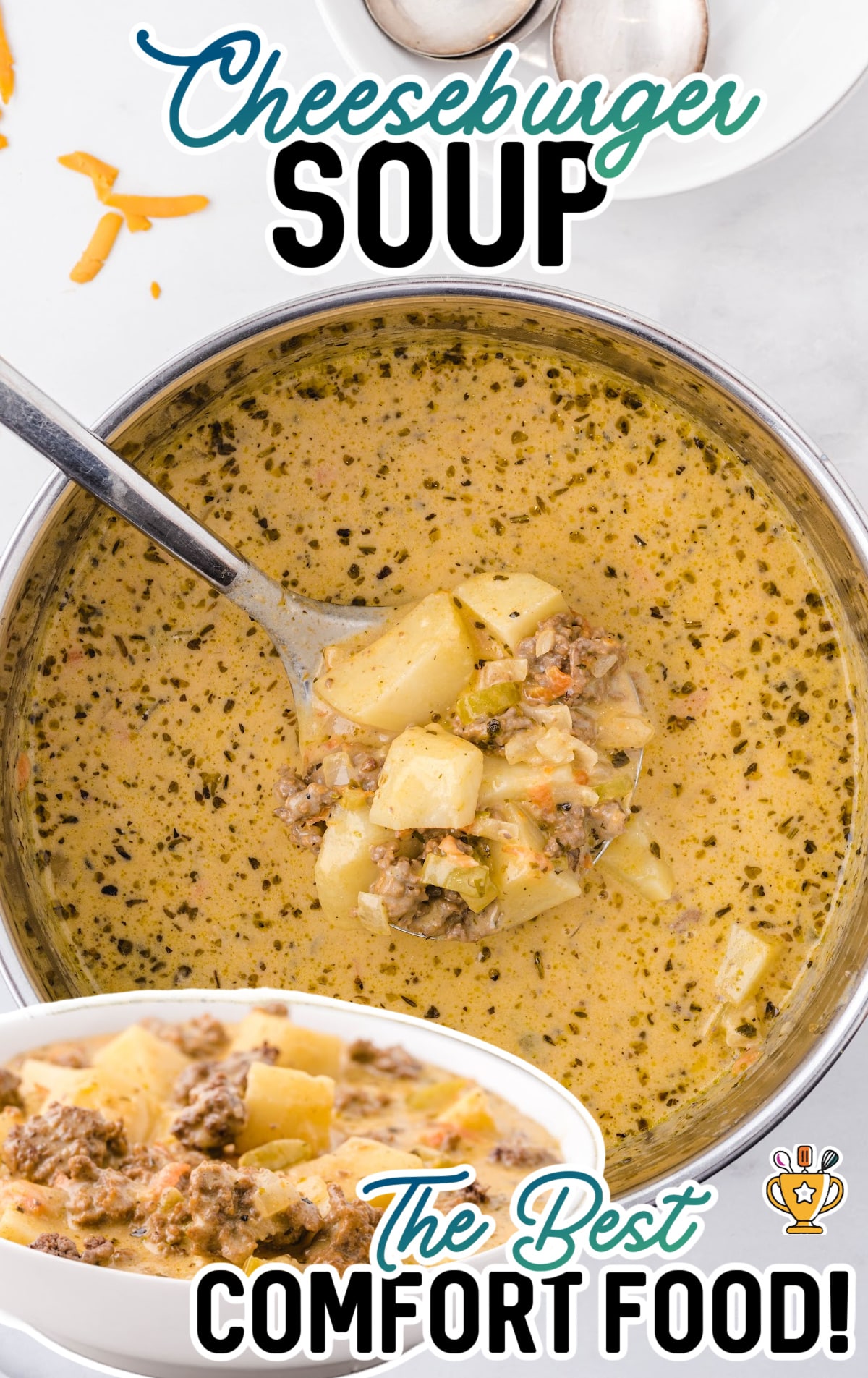 Cheeseburger Soup in a pot and in a bowl